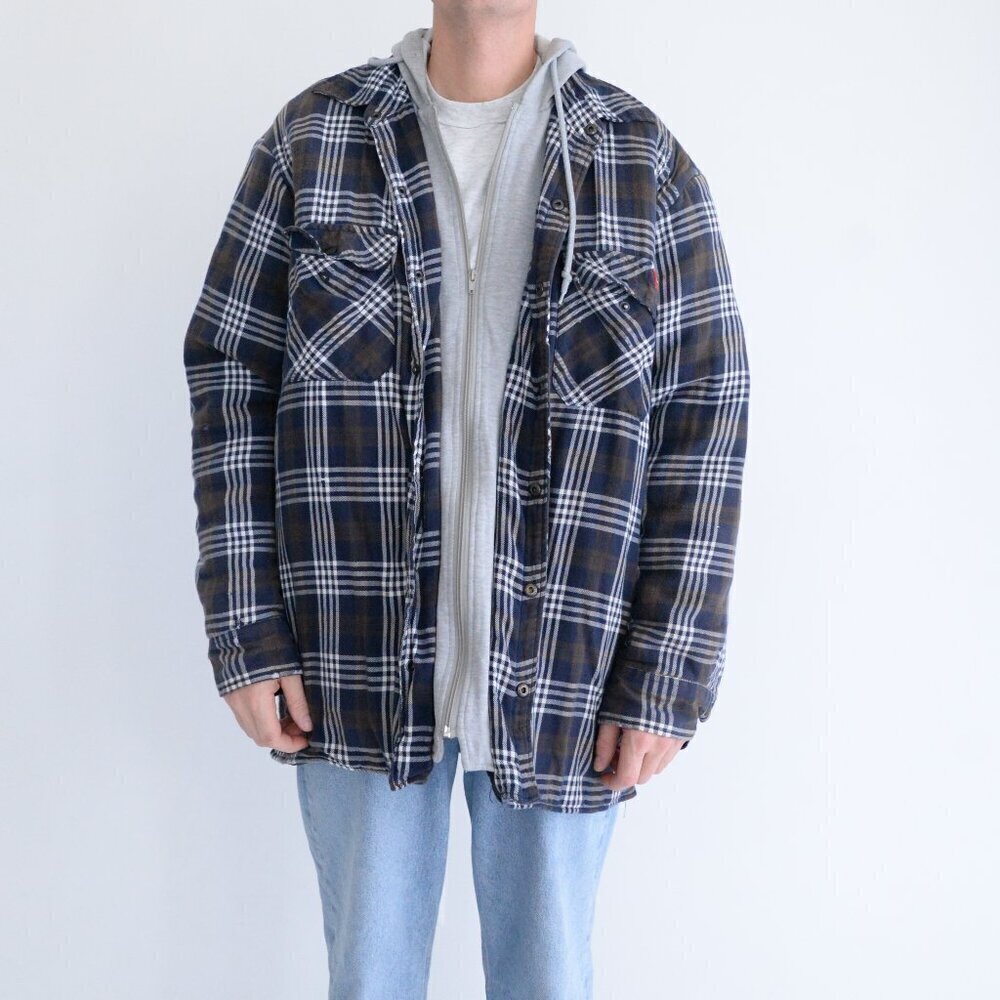 Dickies Blue White Checker Plaid Zip Up Built-in Hoodie Quilt Lined Shacket XL